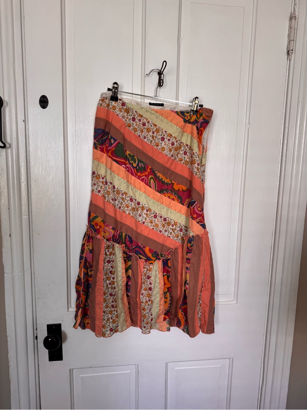 Patchwork Boho Midi Skirt in Coral and Cream